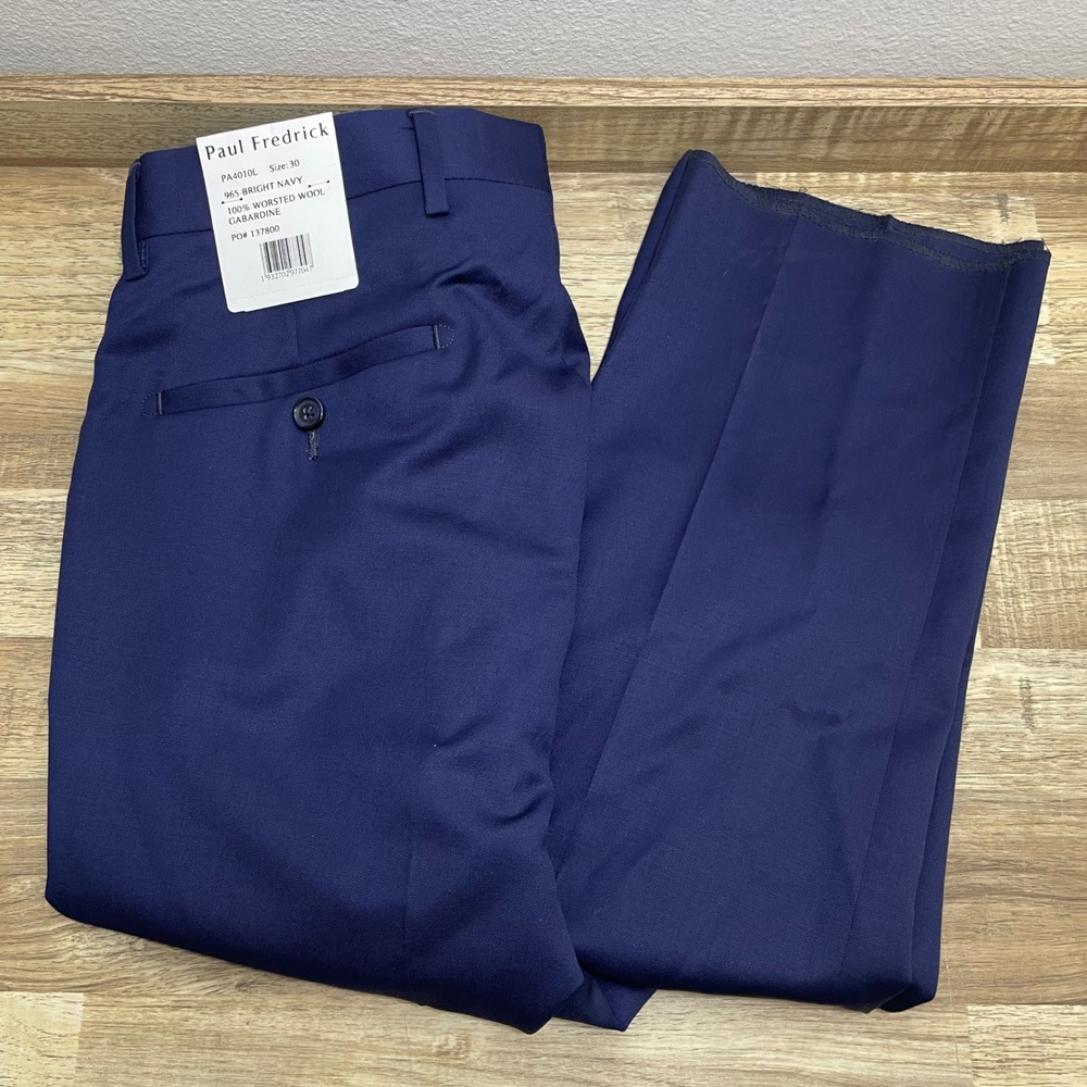 Paul Fredrick Mens Bright Navy Worsted Wool Gabardine Dress Pants 30 Unhemmed
